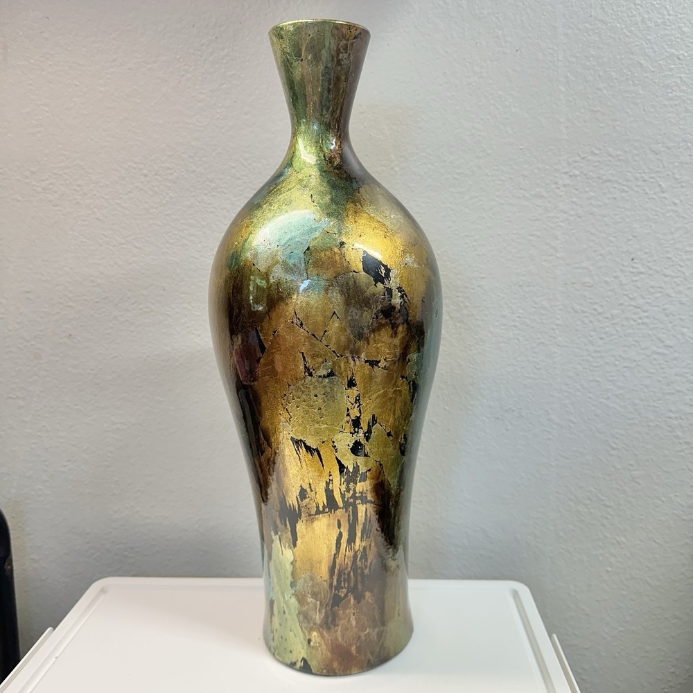 Tall Metallic Gold Leaf Art Vase Verdigris Abstract‎ Decor 17" Made In China